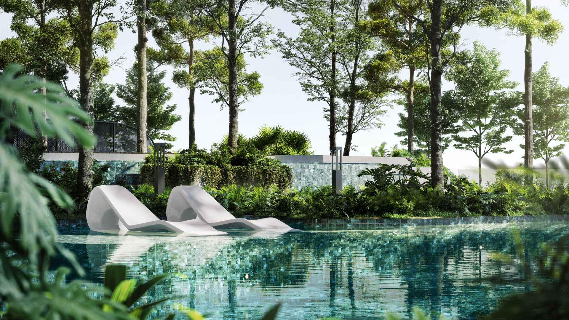 Alora Residences infinity pool at sunset